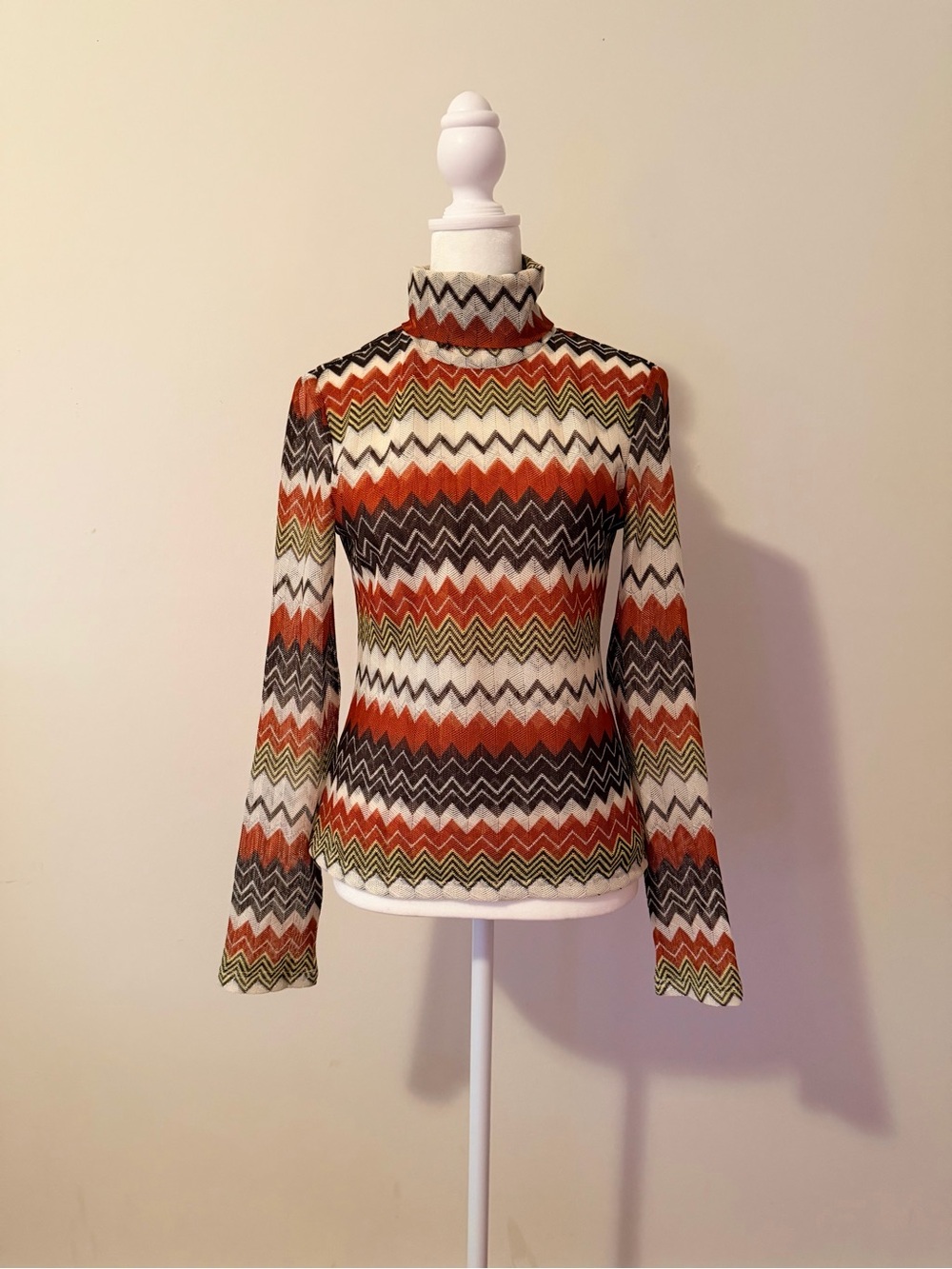 Miracle Eye Turtleneck Zigzag Knit Sweater in Rust, Olive & Cream w/ Silver